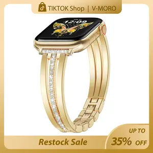 [FallDealsForYou] V-MORO Slim Gold Band Compatible with Apple Watch Women Thin Metal Strap Dressy Jewelry Bracelet with Bling Diamond，Suitable for family birthdays and holiday gifts Wearable