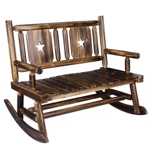 Outdoor Rocking Bench, Wooden Rocking Chair for 2 Persons, Heavy Duty Rustic Log Porch Bench Rocker for Patio, Backyard, Garden Farmhouse Decor