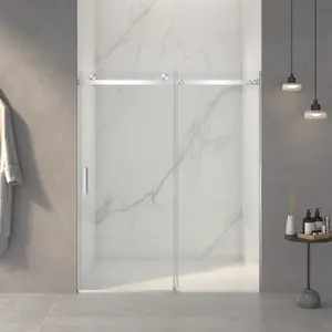 56-60" W x 72" H Frameless Sliding Shower Door, 5/16" (8mm) Thick SGCC Tempered Clear Glass with Double-Sided Easy Clean Coating, Brushed Nickel Finish with Soft Closing Buffer, Adjustable Width Sliding Bathroom Door