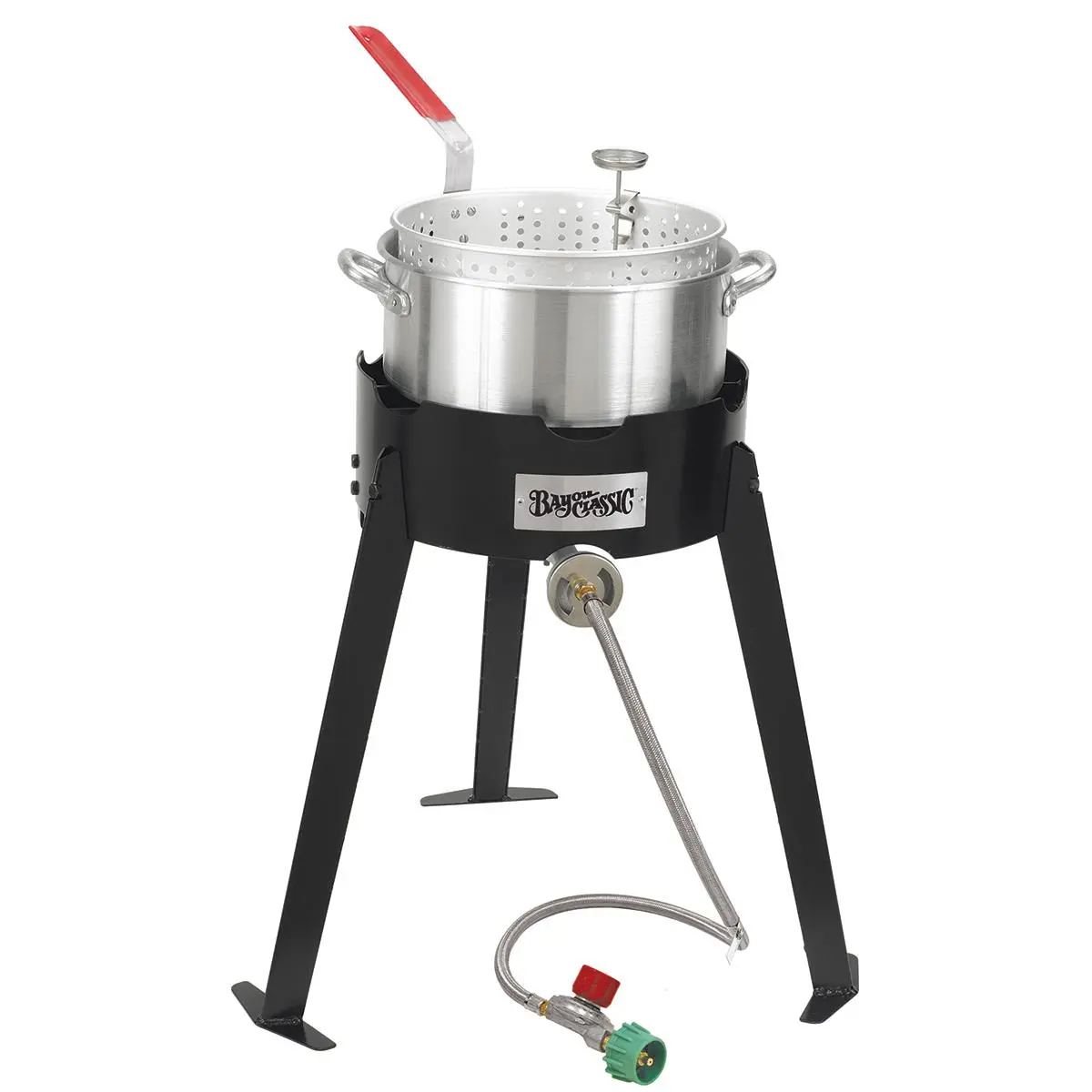 Bayou Classic 212 MAIN Outdoor Fish Cooker Cooking Station - Tripod Cooker with 22-in Tall Frame, 10 PSI Regulator, Aluminum Pot, Outdoor Camping Burner, Thermometer, Deep-Fry Pan, Basket, Camping Kitchenware