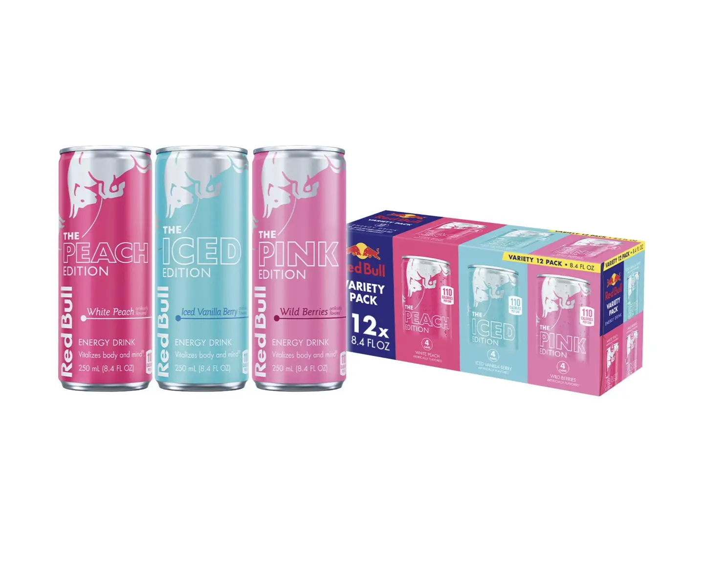 12 Pack Energy Drink Variety pack, Peach, Iced Vanilla Berry, Pink 8.4 fl oz each can