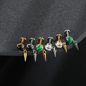 OUFER Body Jewelry 16G Internally Threaded 316L Stainless Steel Emerald Spike Dangle Chain Helix Pierced Earring - Cartilage Stud, Gem-Shaped, Punk Style for Women, Edgy Daily Wear, Cartilage Stud Earrings