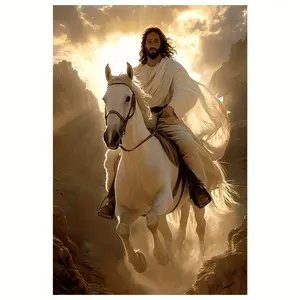 One frameless canvas art print of Jesus riding a white horse, a religious and inspiring decorative painting, suitable for living rooms, bedrooms, bathrooms, kitchens, offices, and cafes