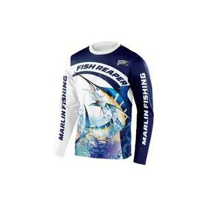 Long Sleeve Quick-Dry Sun Protection Shirt - Men's Crew Neck with Ocean Graphics for Fishing & Hiking