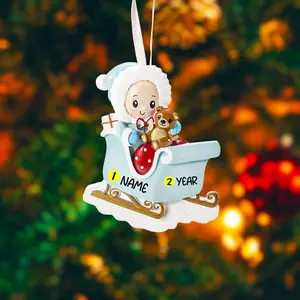 Personalized Baby Ornament | Blue Sleigh | Teddy Bear Keepsake | Raised 3D Ornament