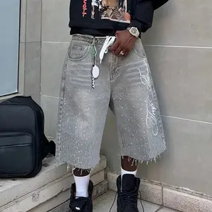 Men'sSummerCasualDenimShortsKneeLengthTrendyLetterEmbroideredRhinestoneJeansShortsFashionStreetwearAutumn