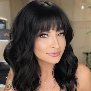 14-Inch | Black Color Wigs | Curly Bob Wig with Bangs Short Wavy  【Free-part Lace】【Heat Resistant】【Cap Included】 AC HAIR