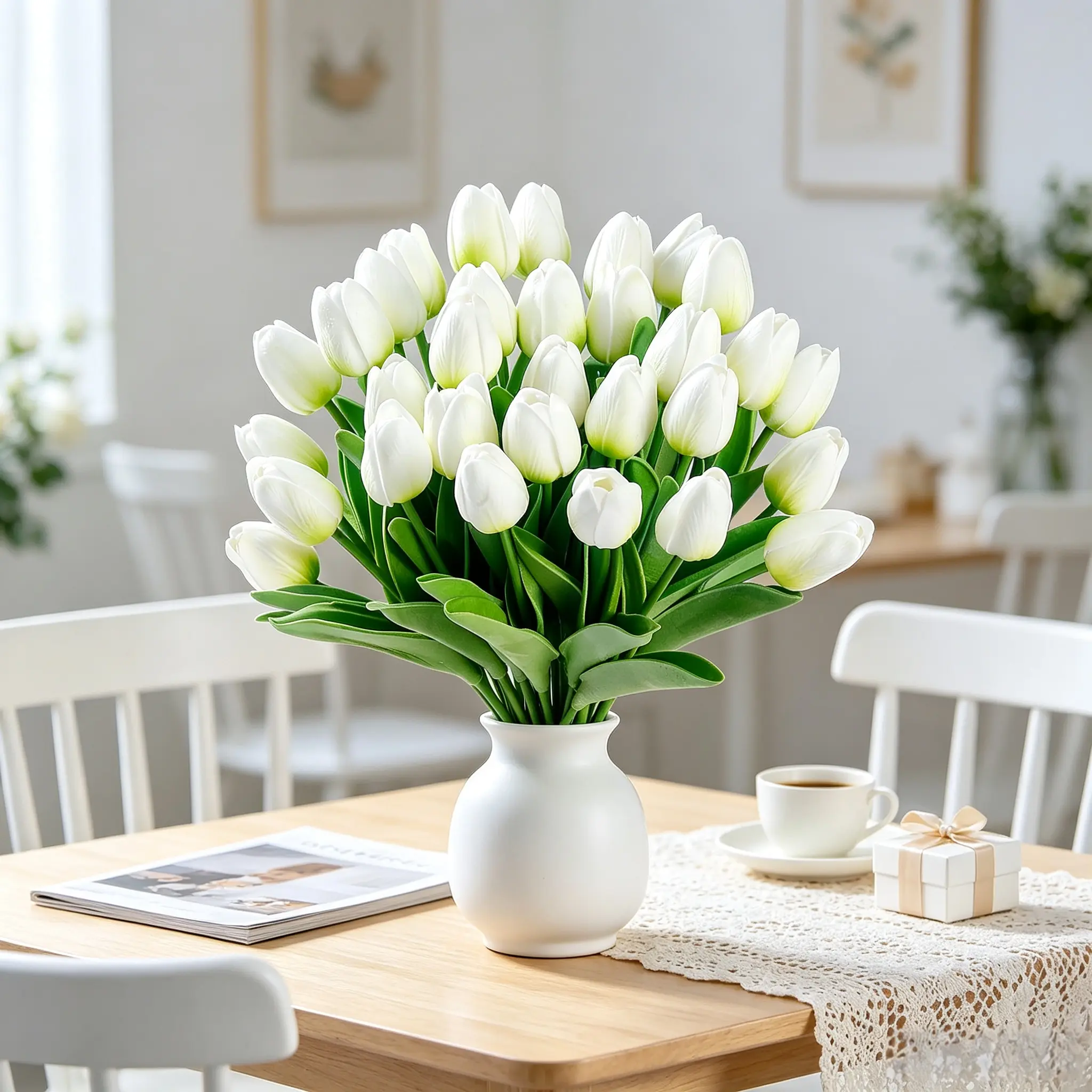 20 Pcs Real Touch PU Artificial Tulips, Green White Fake Tulip Stems, Faux Flowers for Wedding Bouquet, Spring Floral Arrangement, Home Party Office Decor, Mother’s Day Gift
