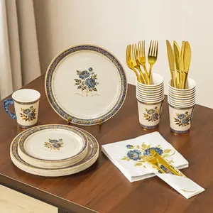 Baffect 145 Pcs Tea Party Supplies, Include Paper Tea Cups With Handle, 9" Garden Tea Party Plates, 7" Floral Saucers, Napkins, Gold Knives, Forks & 1 Disposable Tablecloth (Set Of 24, Blue & Gold)
