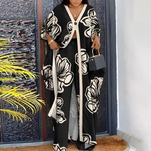 2026 ChicMe Women's 2 Pieces Outfit V-Neck Batwing Sleeve High Slit Front Longline Top and Drawstring Elastic Waist Pants Set Casual Colorblock Floral Print Loose Fit Set with Pockets