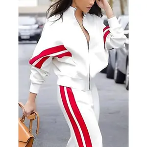 Women’s long-sleeve loose-fit sporty jacket with color-block striped design and zipper closure; casual stand-collar outerwear for fall and winter