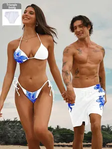 COUPLE VIBES Summer Vacation Outfit Men's Floral Print Beach Shorts with Drawstring Waist for Hawaiian Holiday and Matching Couple Swimsuits Set