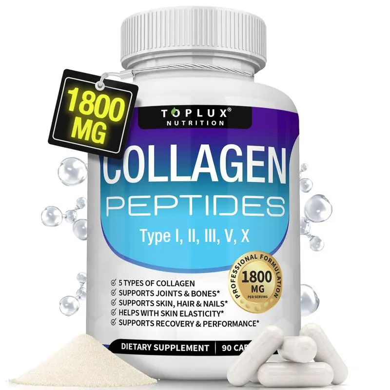 Toplux Nutrition 1800mg 5 Types Multi Collagen Peptides Complex, USA-Made Daily Dietary Supplement Capsules, Supports Skin Beauty, Fitness & General Wellness, 90 Count Edible