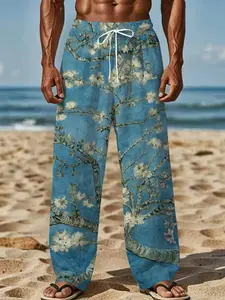 Blue and white maple leaf silhouette refreshing simple and casual long pants