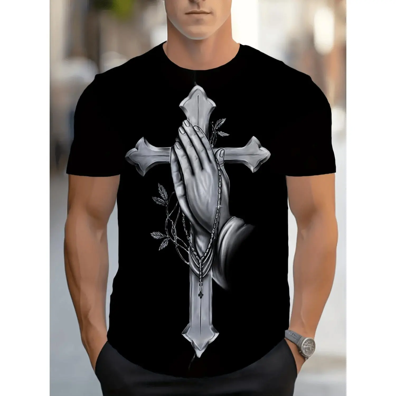 Soft & Comfy T shirt mens sports crew neck t shirt with cross and prayer hand pattern 95 spandex micro stretch fabric short sleeves black suitable for sports and fitness gym shirt black A71
