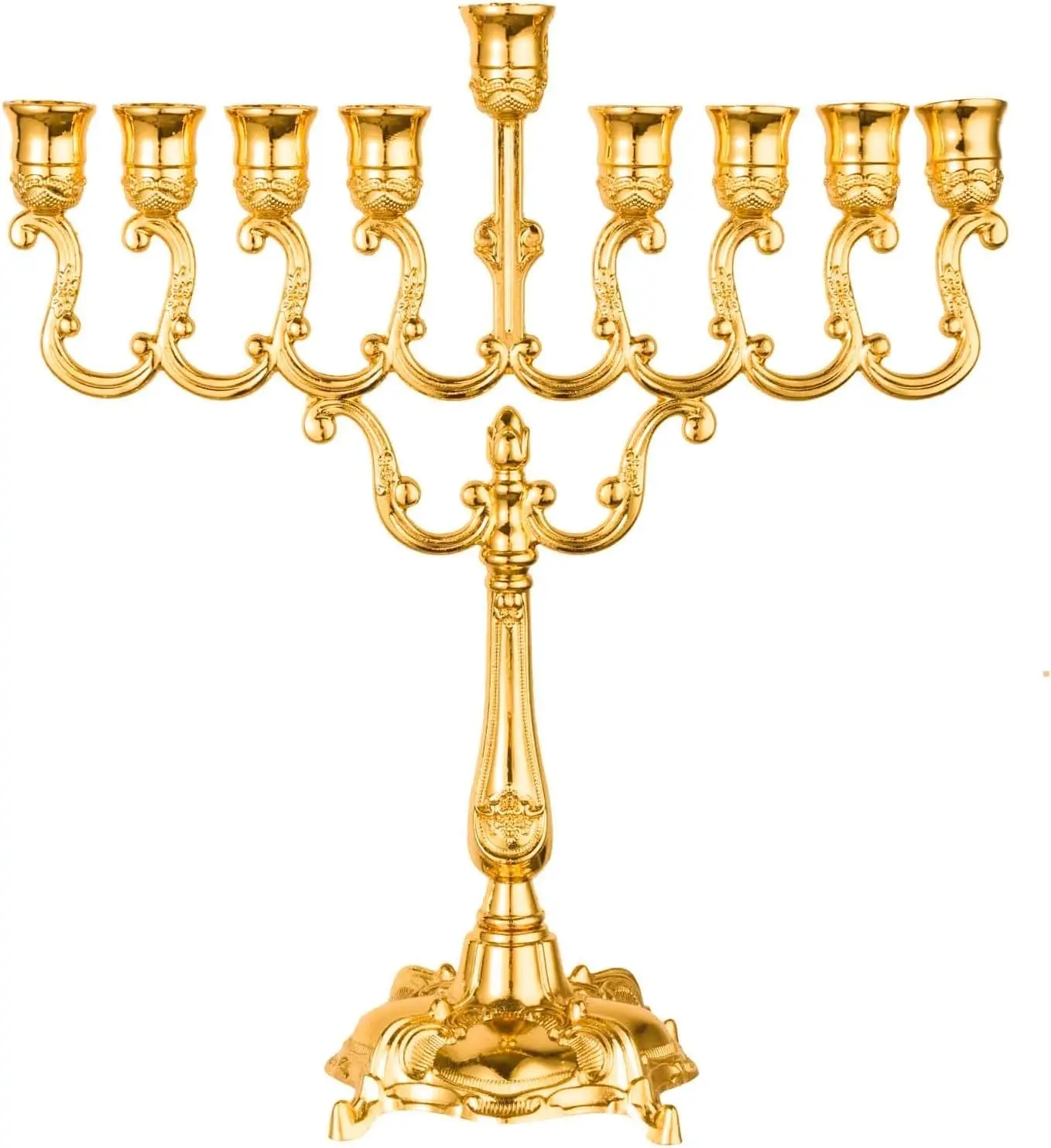 9-Branch Gold-Plated Hanukkah Menorah Candle Holder - Jewish Holiday Decor, Sabbath Table Centerpiece, Jerusalem Temple Style, Home & Office Decoration