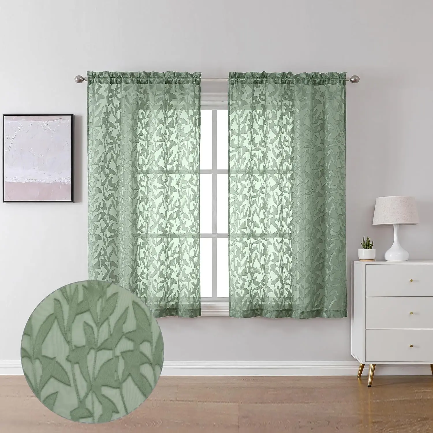 Sage Green 2-Panel Sheer Jacquard Weave Curtains, 38W x 45L Light-Reducing Leaf Motif Voile Drapes with Rod Pockets & Clips, Modern Farmhouse Decor for Small Windows (Pack of 2)