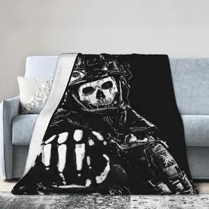 COD Ghost Reaper Flannel Blanket - Digital Print Featuring Skulls And Tactical Gear, Black And White Gaming Theme, Soft Shawl for All Seasons, Durable Sofa Bed Cover for Home Use, Perfect for Napping-280GSM