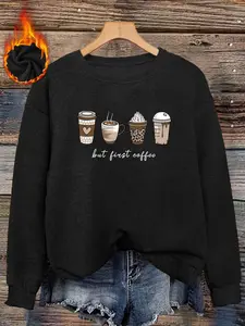 Women's Fall Winter Fitted Round Neck Sweater, Warm Soft Plush Fabric, Fun Coffee Print, Casual Comfortable Daily Wear