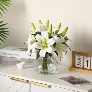 6-Pack Realistic Silk Lilies Artificial Flowers with Glass Vase – Lifelike Faux Lily Bouquet for Home Wedding Office Decor,No Maintenance,Bendable Stems,Ready-to-Display-Milk White