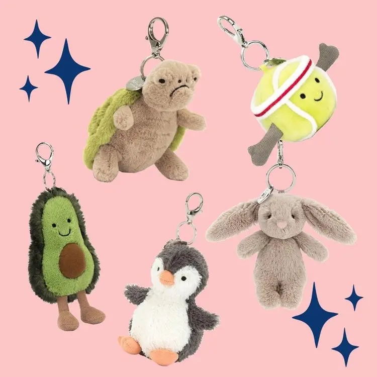 Official Jellycat Stuffed Animals Keychain Collection, Soft Fabric Mini Charms for Tote & Backpack, Cute Bunny Frog Turtle Sports Ball Keyring
