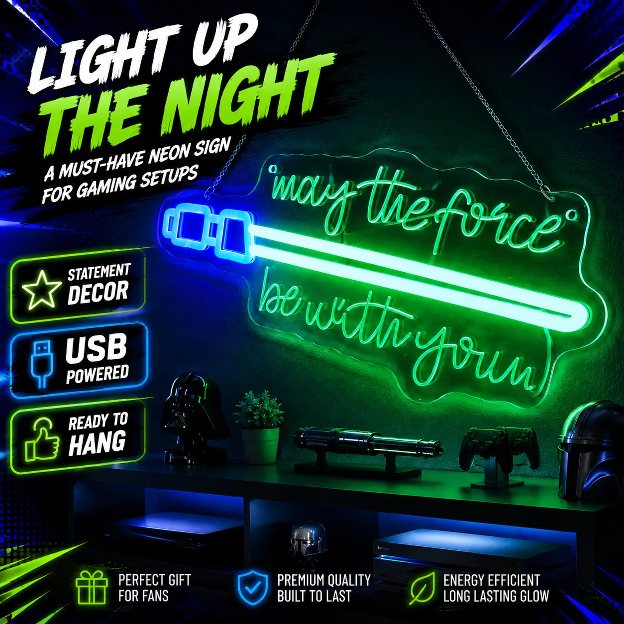 USB-Powered LED Galaxy Sword Neon Sign - Blue-Green Sci-Fi Decor with Inspirational Quote, Ambient Bedroom Lighting, Illuminated Party Atmosphere Light for Gaming Room, Gift for Space Fantasy Fans, Led Atmosphere Lights, Illuminated Sign Light