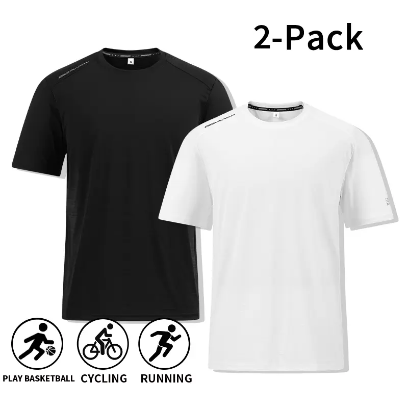 Men's Athletic T-Shirt 2-Pack, Quick-Dry Short Sleeve Crew Neck Fitness Apparel for Running & Workouts, Black and White Set, Fitted Cut, Machine Wash