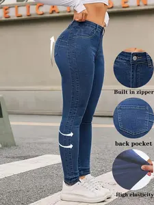 High Waist Solid Dark Blue High Stretch Ankle Skinny Slim Fit Lift Hip Denim Jeggings