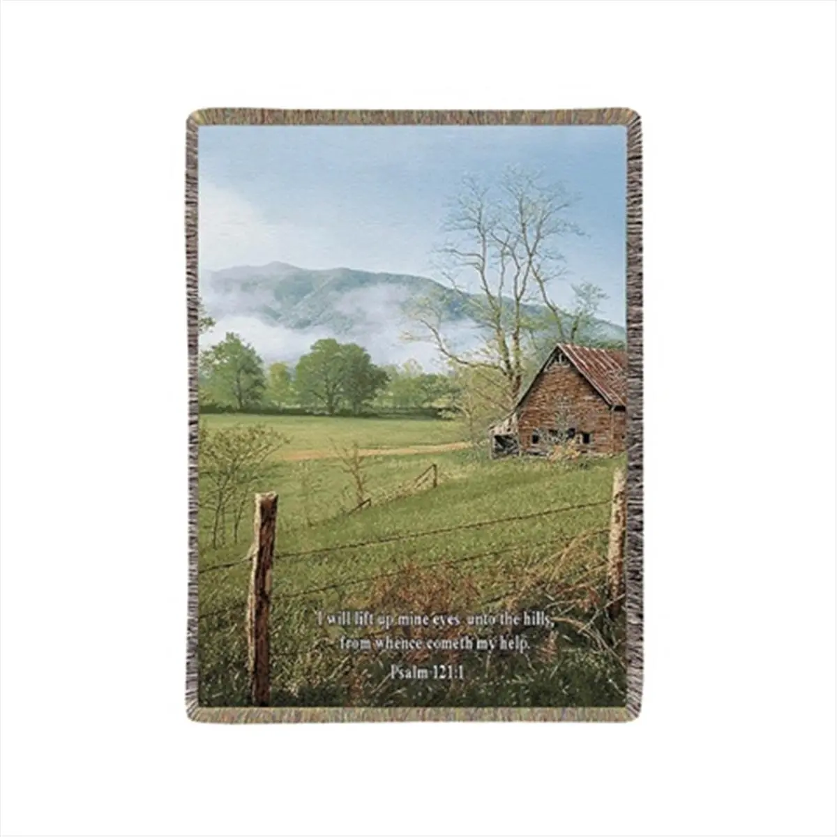 212 MAIN Cotton Fabric Rectangular Tapestry Throw Blanket - 50x60 in, Manual Loom Jacquard Weave, "I Lift My Eyes" Farm Scene Design, Colorful Fringed Border, Machine Washable Home Decor