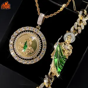 [FLAME] Jewelry Set (Figaro Bracelet + Necklace ) Mexican Charm Saint Jude, Guadalupe, Religious Patron Saint Faith Wearing Jewelry, Jewelry Jewelry Set Holiday Celebration Gifts, Protect Blessing Jewelry Gifts For Men And Wome