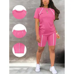 Women's Sport Two-Piece Set, Short Sleeve T-Shirt, High-Waisted Cycling Shorts, Fitness Yoga Running, Elastic Slim Fit Casual Sports Wear, Active Wear