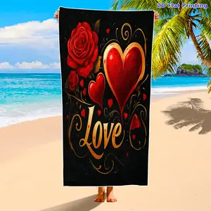 Heart Rose Print Beach Towel, Soft Absorbent Quick Dry Fabric, Unisex Large Size, Essential Poolside Accessory