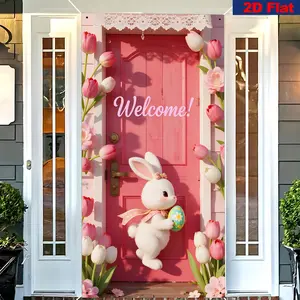Easter Flag Decoration, Rabbit & Eggs Design, Door Tulip Accents, Welcome Text, Multi-Purpose Hanging Decor