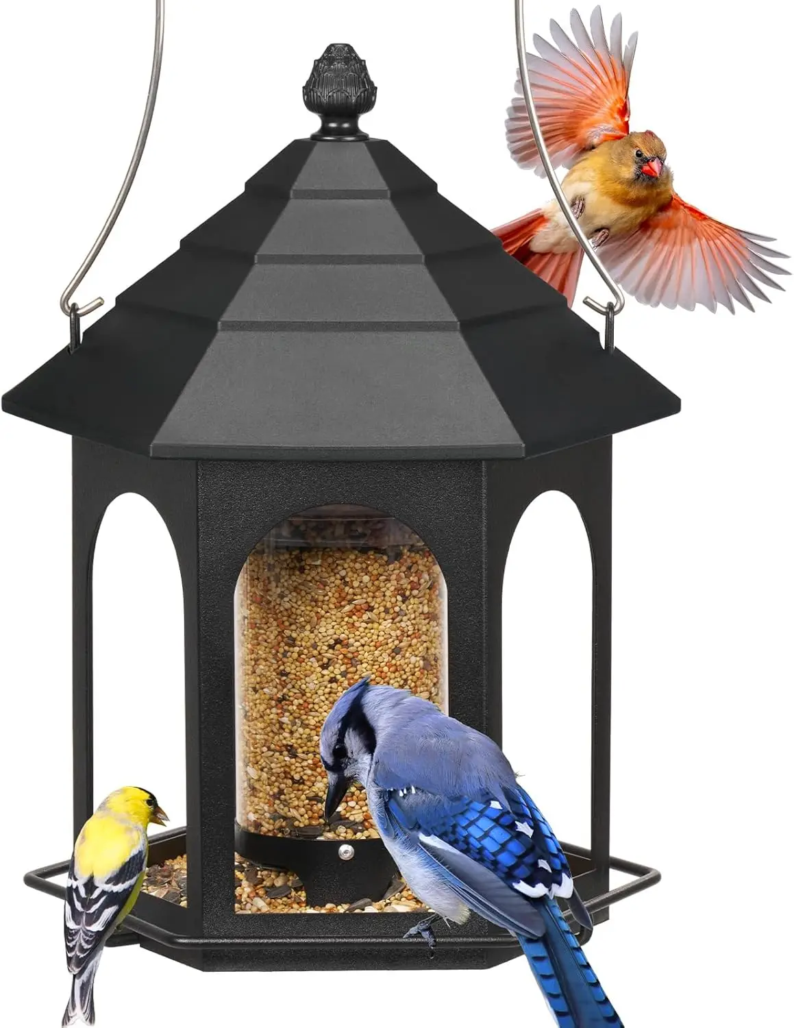 Kingsyard Metal Bird Feeder for Outdoors Hanging 3 lbs Seed Feeder Wild Bird Feeders for Garden Cardinal Finch Bluebird Easy to Fill & Clean Black Squirrel Proof with Drainage Holes