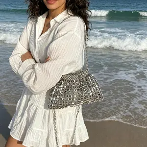 Women's Retro Metallic Silver Hand-Woven Beaded Chain Underarm Bag - Gym Shoulder Bag for Work, Commuting