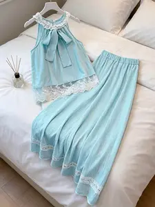 Two piece set of women's fashionable forest style fresh lace patchwork sleeveless top+high waisted long skirt sweet age reducing two-piece set, suitable for summer, beach vacation, ancient town travel, short distance travel, dating, and home stay