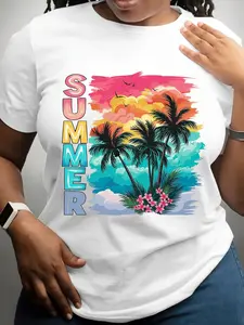 Plus Size - Plus Size - Wo Plus Size Tropical Palm Tree Graphic T-Shirt |   Soft Breathable Summer Tee with Beach Vacation Vibes - Casual Everyday Top for Women - Machine Washable Resort Style Shirt Vibrant Print Relaxed Fit Crew Neck
