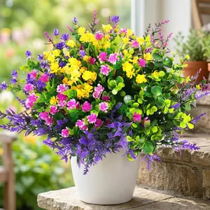 ISUNMEA 12 Pcs Artificial Flowers Outdoor, Faux Artificial Plants UV Resistant Plastic Flower Bulk for Hanging Planter Porch Window Home Wedding Fall Summer Decor (12, Fuchsia, Purple, Yellow, Green)