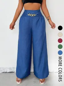 A pair of women's basic Casual solid-color zipper-enclosed high-waisted stretchable loose-fitting slimming wide-leg bottom trousers that are versatile and suitable for all occasions Pants