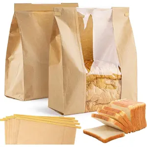 100 count Bread Bags with  Ties - Homemade Sourdough Bread Storage Bags Brown Paper Bagel Loaf Bakery Bags with Window Toast Bags with Resealable Tie Disposable Baked Goods  Packaging