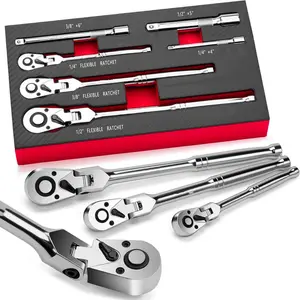 6-Piece Ratchet Wrench Set, 1/4", 3/8", 1/2" Drive, Flexible Head, Quick Release Reversible Cr-V Alloy Steel, Ideal for Small Spaces