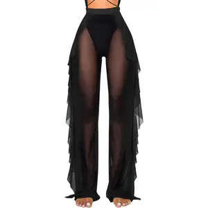 Jumppmile Women'S Ruffle Sheer Mesh Swimwear Bikini Cover up Pants See Through