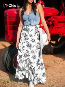 Summer Women's Western Style Aesthetic Colorblock Bohemian Floral Print High Waist Ruffle Side Slit Long Dress, Casual Fashion, Womenswear