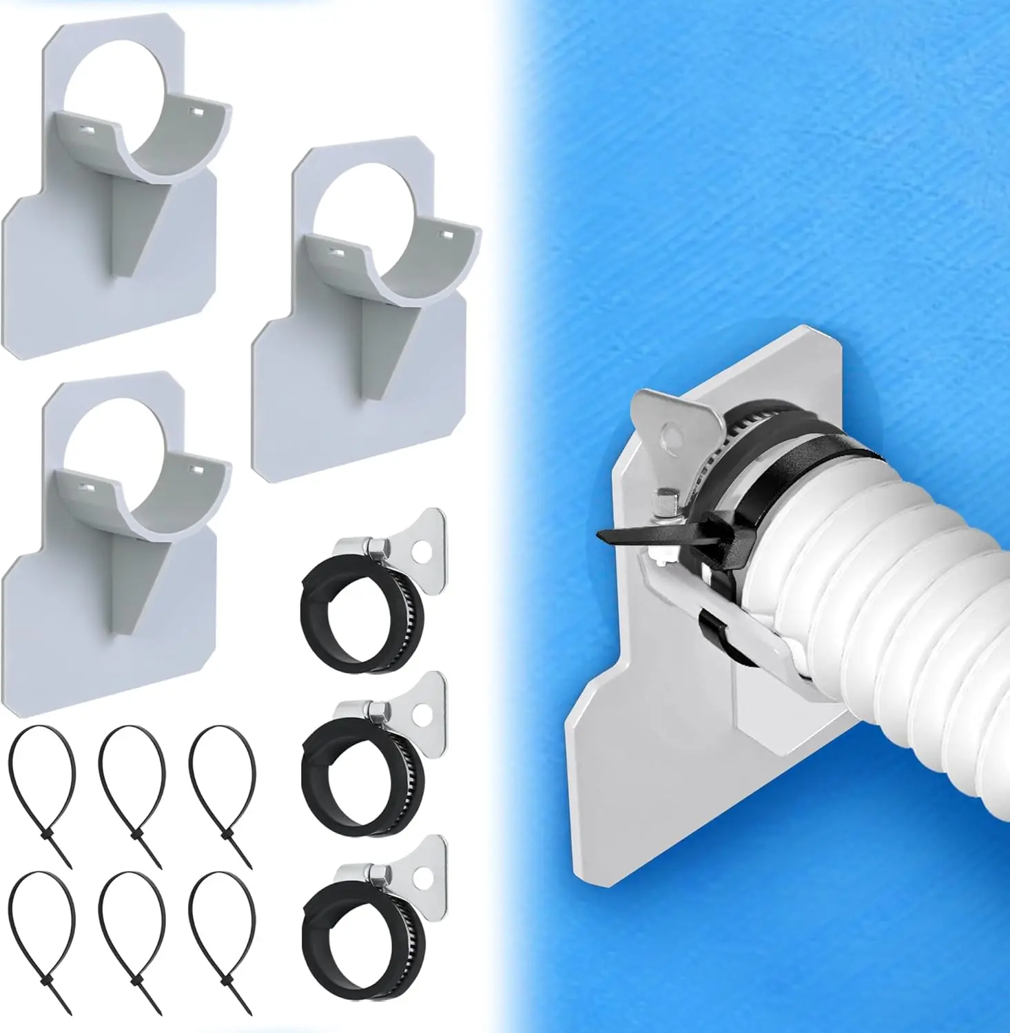 3 PCS Swimming Pool Pipe Holders, Upgraded Pool Hose Support Bracket Above Ground Pools Accessories, with Protective Hose Clamps, Designed to Fit On Intex Pools, Prevent Pipe Sagging (Pipes Max 1.5")