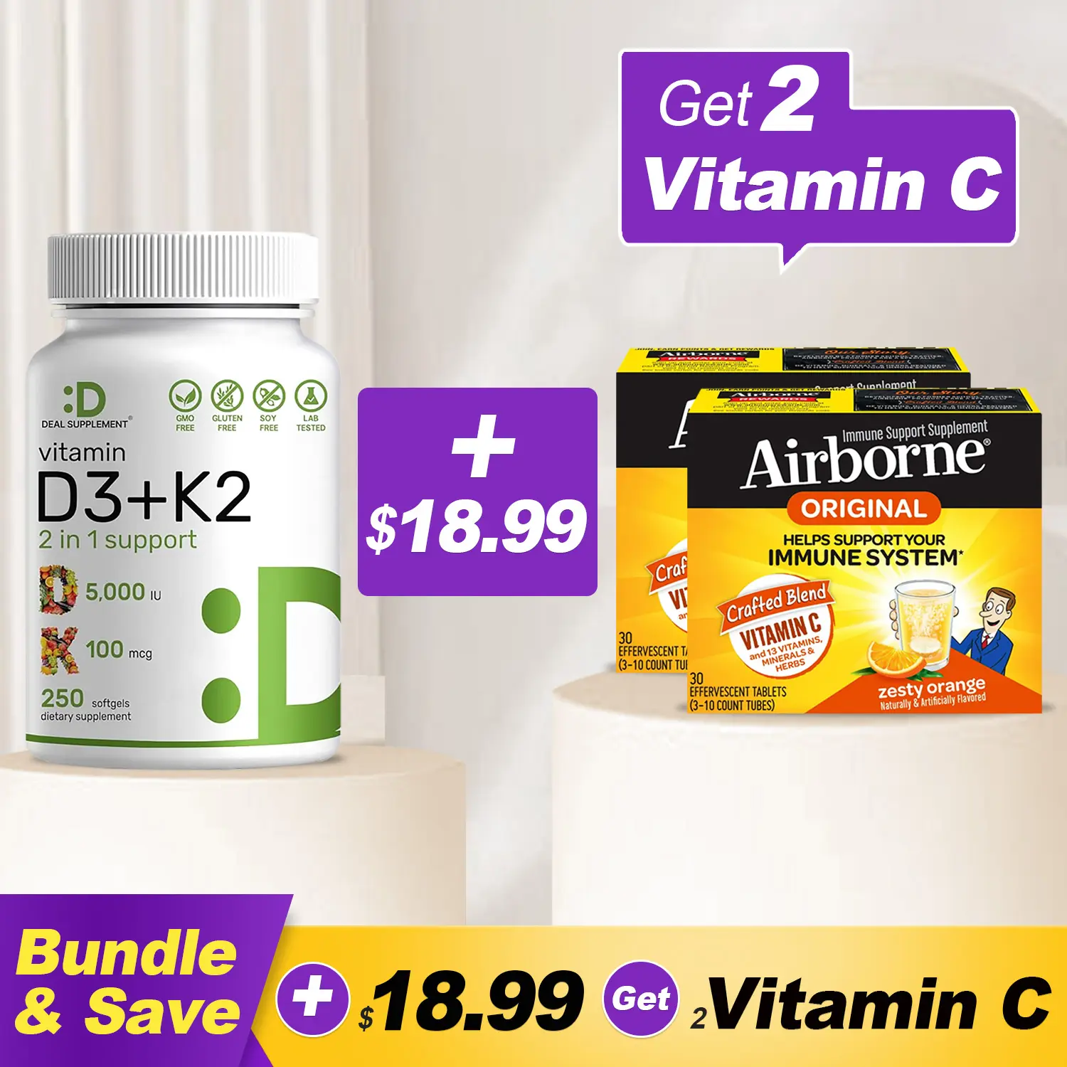 Airborne Vitamin C*2 Packs + D3K2*1 Pack Bundle