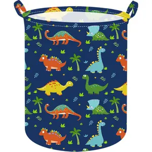 19.7 Inch Round Dinosaur Laundry Clothes Hamper with Handles Storage Organizer Bins Laundry Gift Basket for Room Bedroom Decor