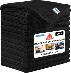 Microfiber Cleaning Cloth, 12 Pack Black Cleaning Rags,12" X 11" Lint Free Dish Towels Wash Cloths, Reusable Microfiber Towels for Home and Kitchen Bathroom Apartment Cleaning Supplies