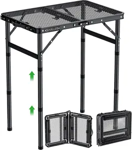 GARLLEN 2ft Folding Grill Table Max Capacity 66lbs, 3-Height Adjustable Folding Camping Table with Heat-Resistant Mesh Tabletop, Portable Aluminum Picnic Tables for BBQ, Outdoor, 22.8" L x 15.7" W