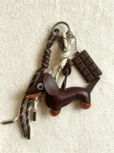 Cute Weiner Dog Leather Keychain, Chocolate Block Braided Rope Keyholder, Bag Charm Gift, Stylish Accessory for Everyday Use