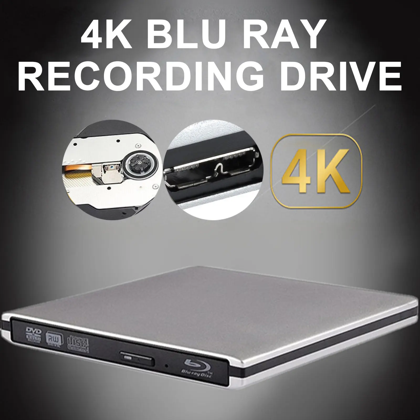 4K UHD Slim External Blu-ray Burner USB 3.0 CD DVD BD Writer for Windows Mac Laptop Desktop